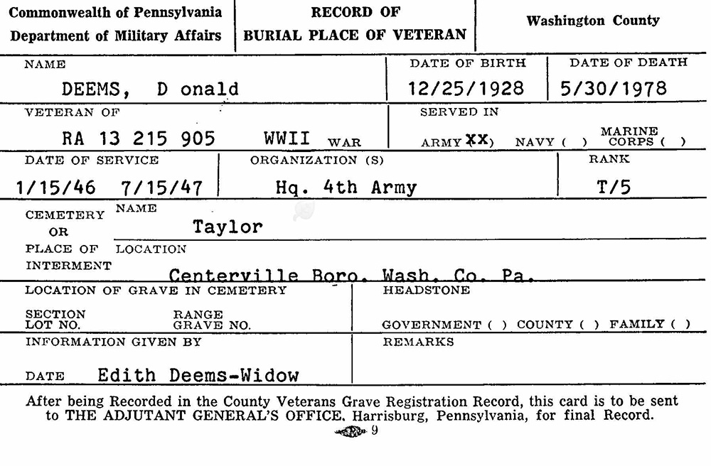veteran burial card